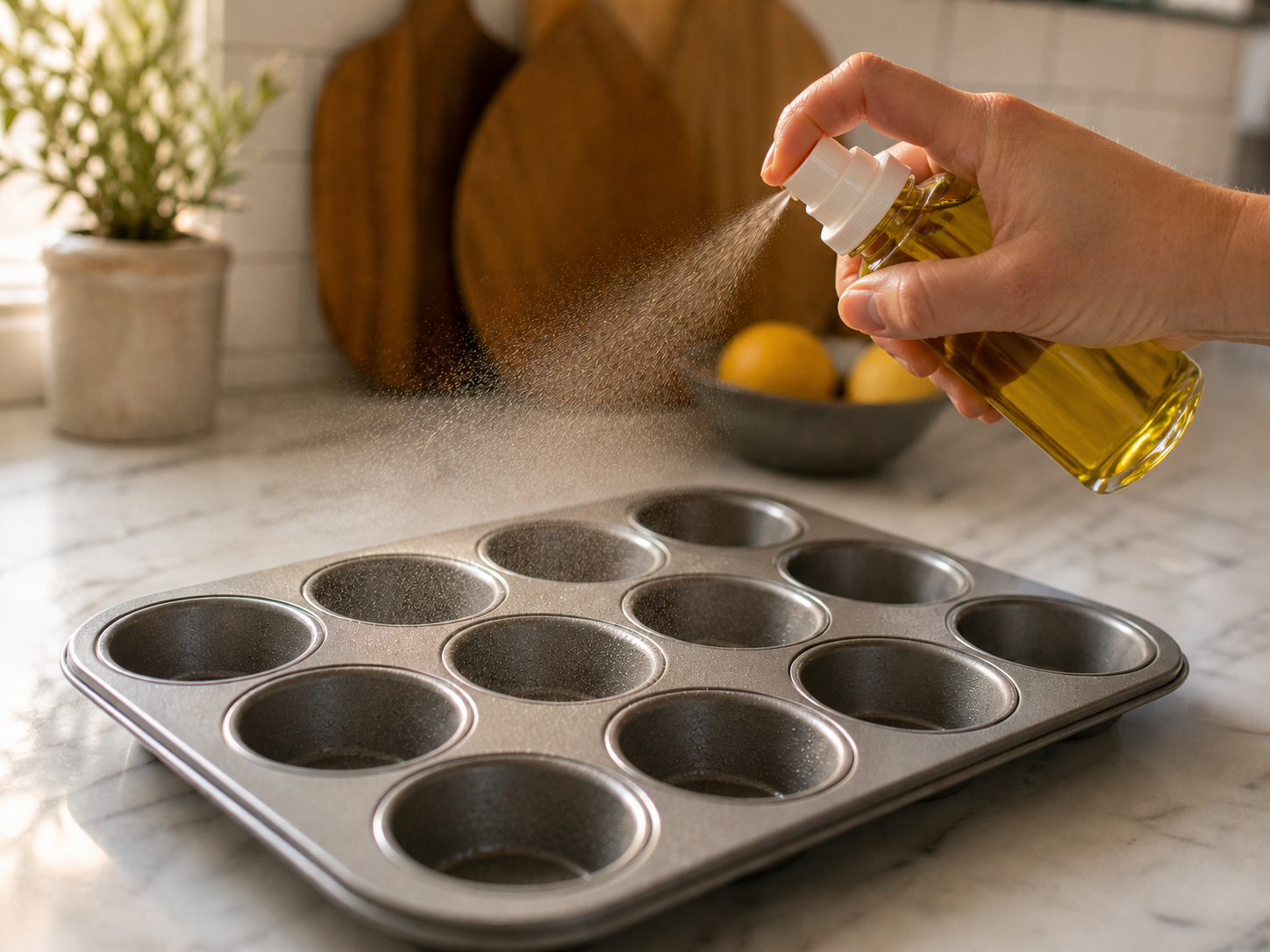 Muffin tin being generously greased with cooking spray — every cup and the flat rim around each one