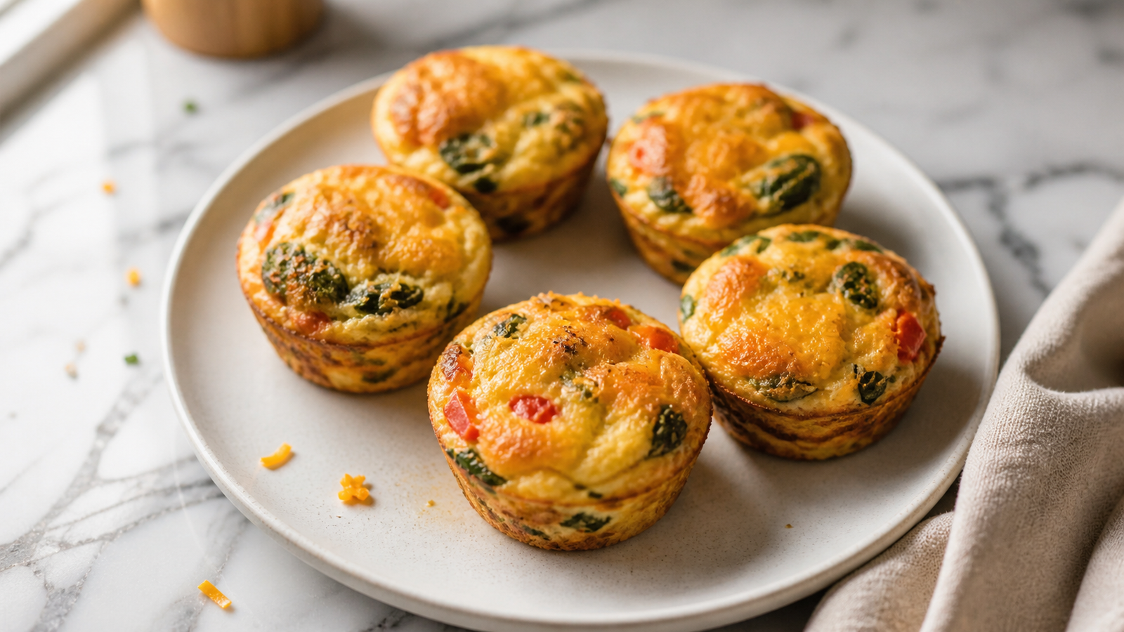 Classic veggie egg muffins fresh from the oven — golden edges, bell pepper and spinach visible through the egg