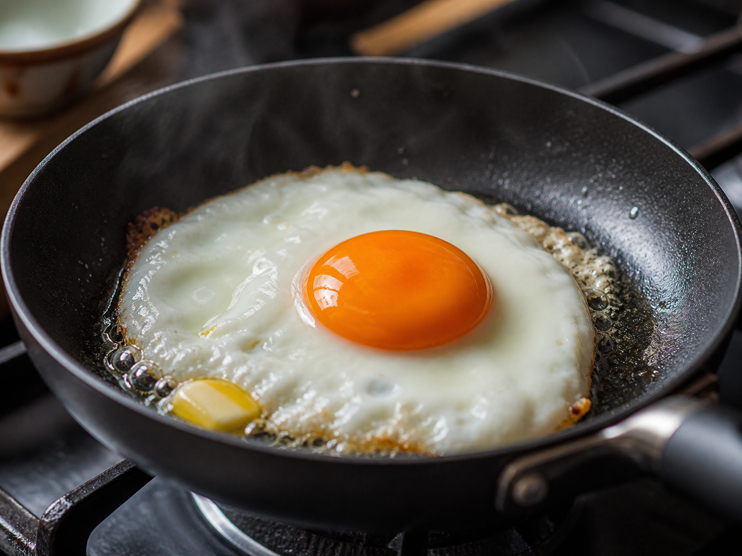 Egg cooking in the skillet over medium-low heat — white fully set with yolk still soft and runny