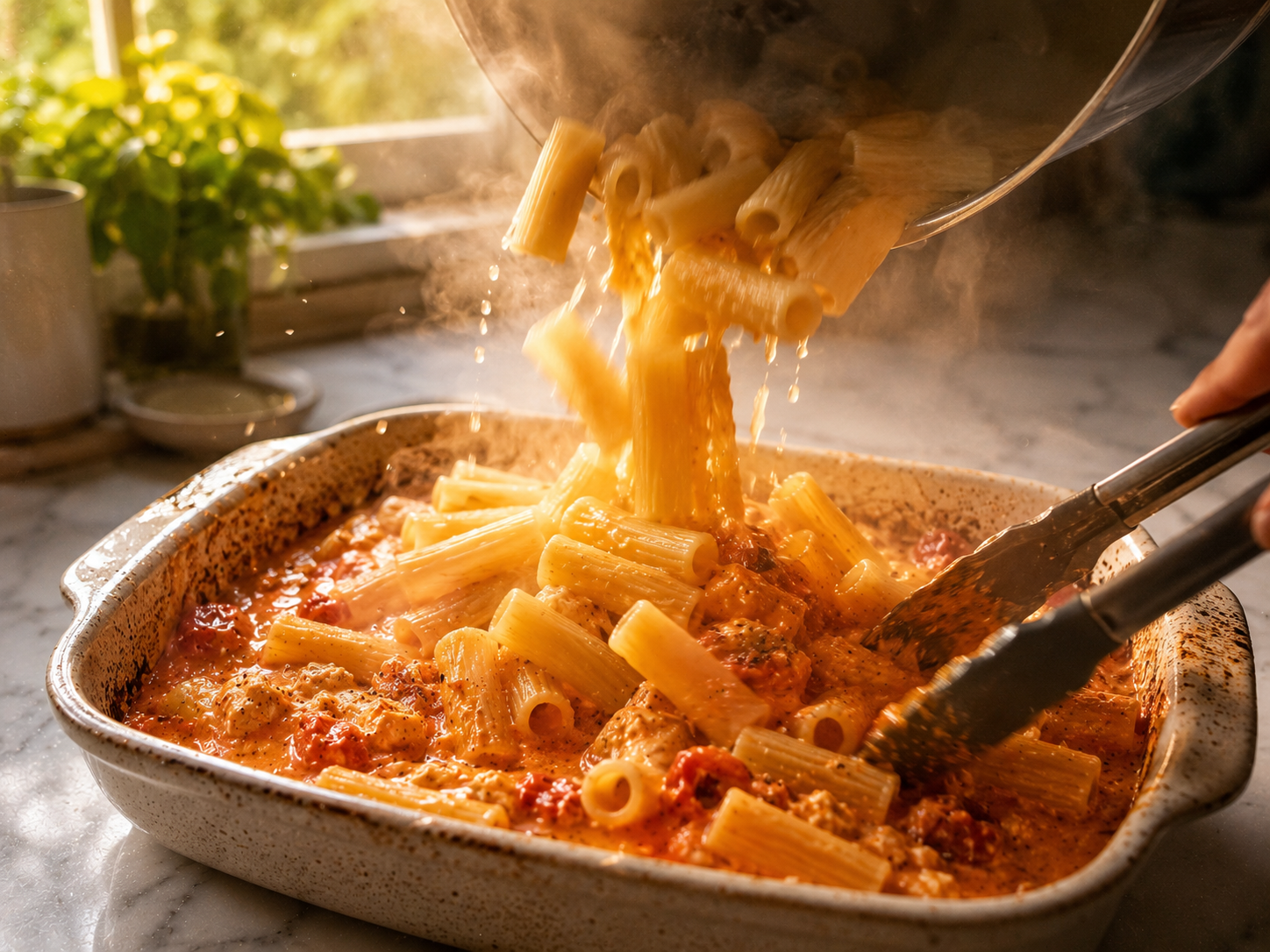 Cooked pasta tossed into the baking dish with the feta tomato sauce