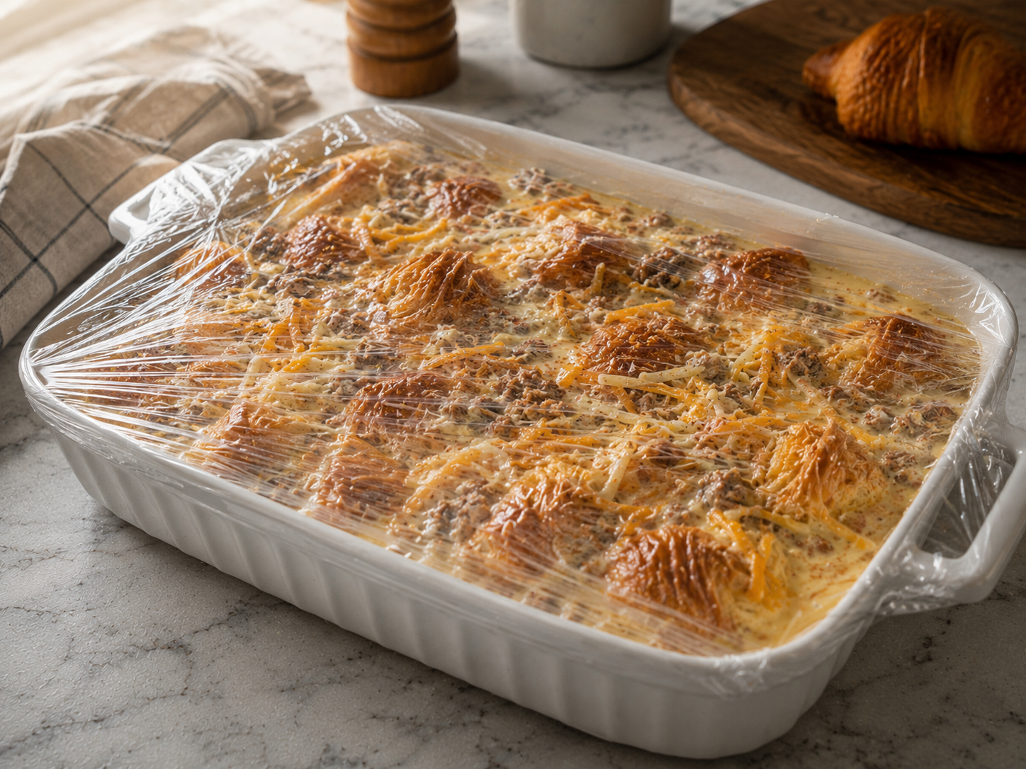 Casserole covered with plastic wrap in the fridge — soaking overnight for best results
