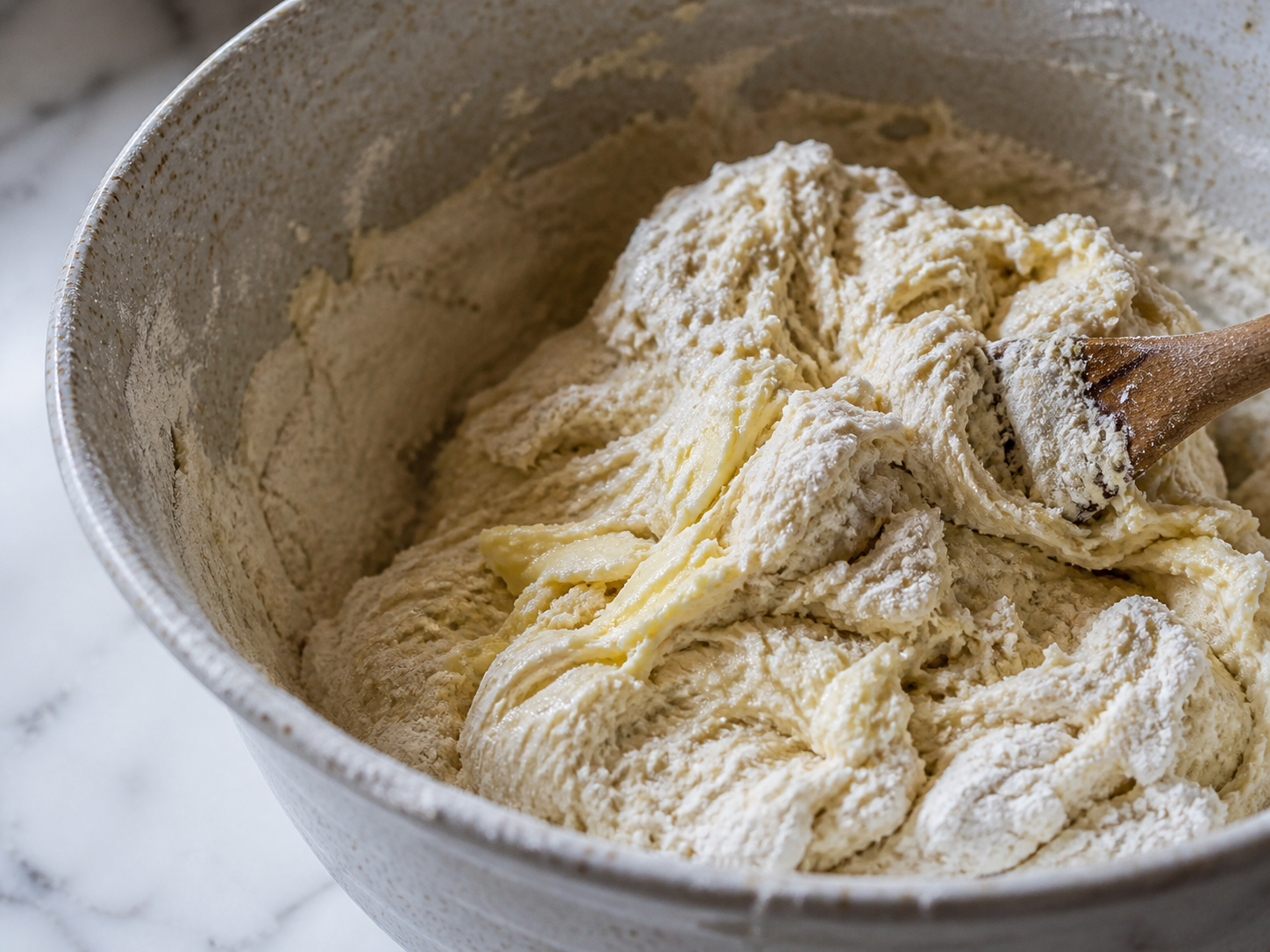 Flour and butter being added to the bowl — dough just coming together in a shaggy mass