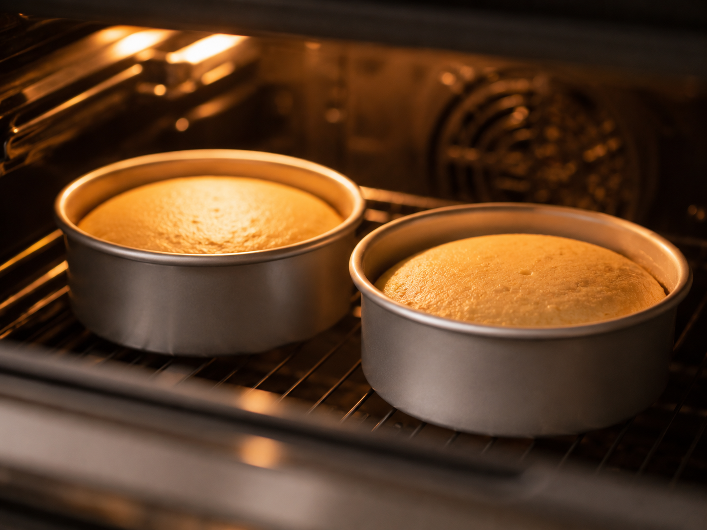 Two 4-inch cake layers baked golden and cooling on a wire rack — domed slightly on top
