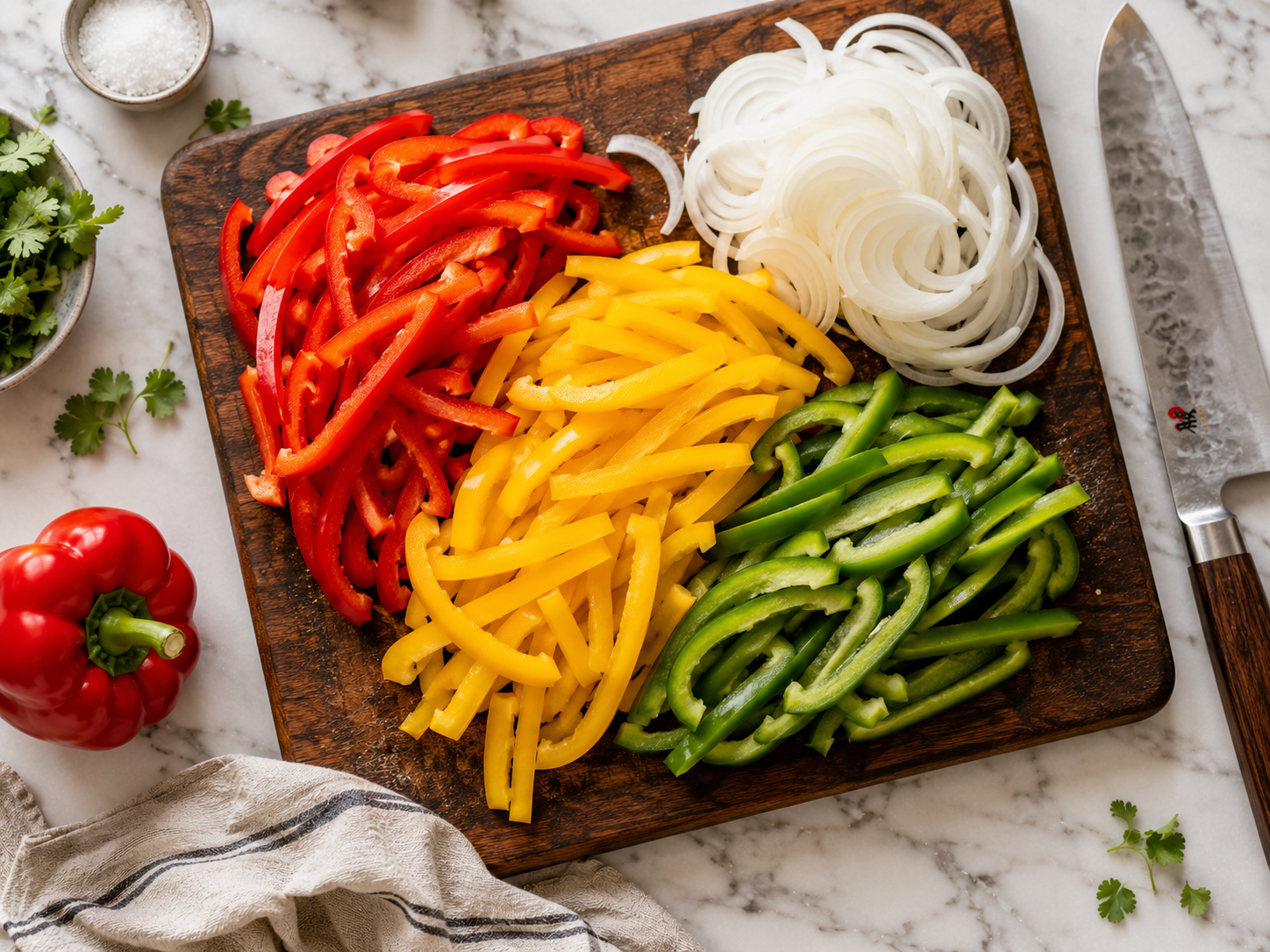 Red, yellow and green bell peppers and onion sliced into thin even strips