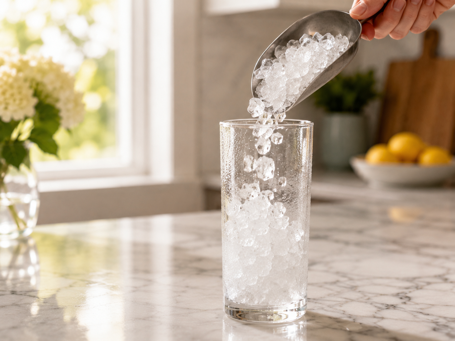 A tall glass filled generously with ice — ready for the Blue Lagoon mocktail layers