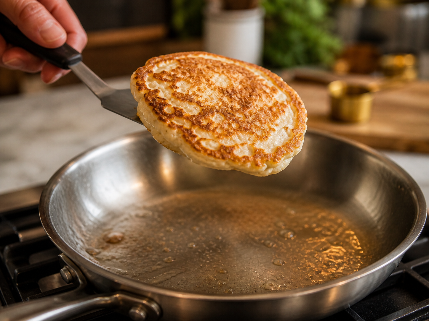 Cottage cheese pancakes flipped carefully — second side golden and cooked through