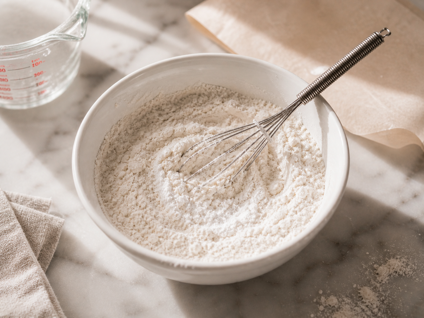 Flour, baking powder and salt whisked together in a small bowl — dry ingredients ready to go