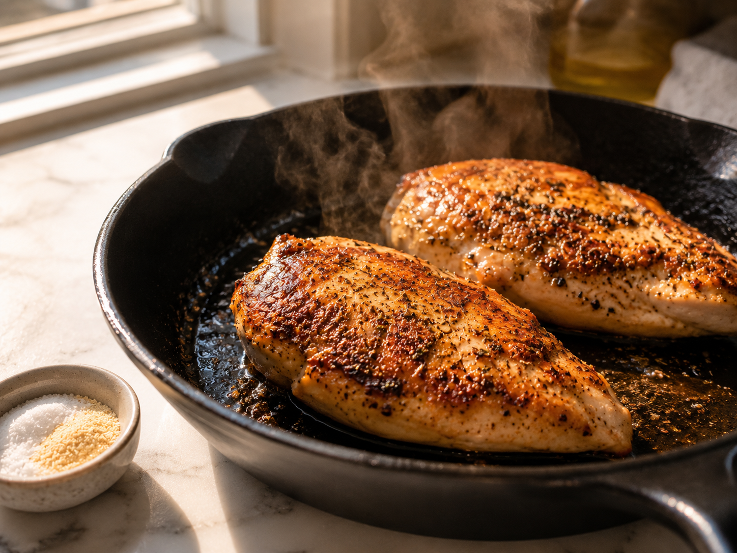 Chicken breasts seasoned and grilling in a pan — golden and cooked through