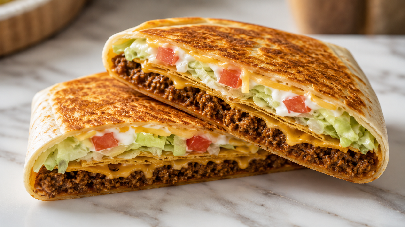 Homemade crunchwrap supreme sliced in half — showing all the layers inside
