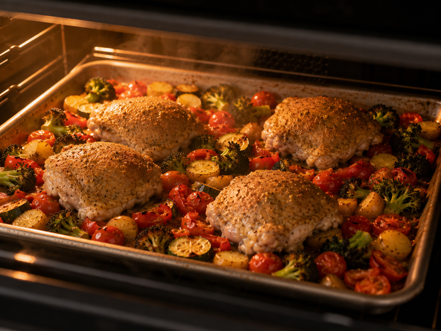 Sheet pan chicken roasting in the oven — skin turning golden, vegetables caramelizing at the edges
