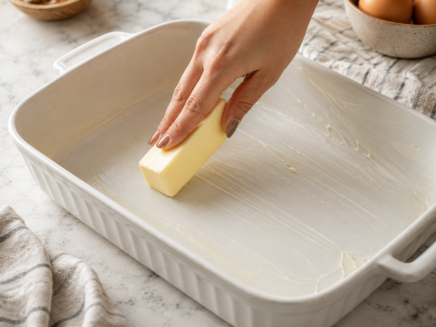 9x13 baking dish greased with butter and ready for the casserole layers