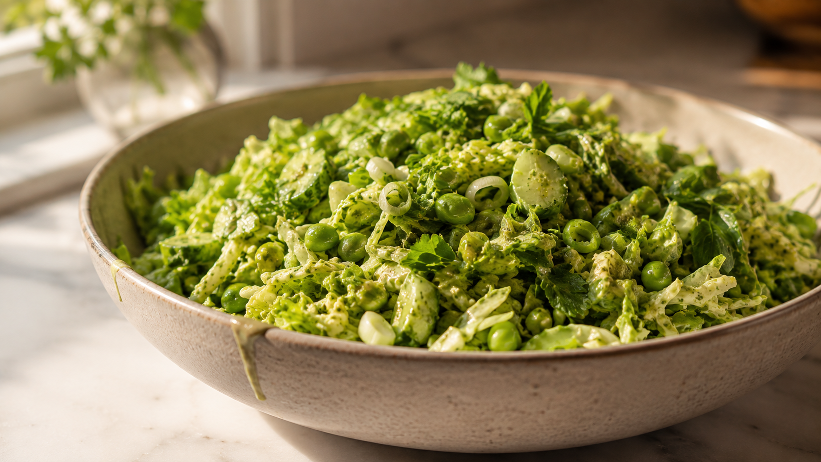 Green Goddess chopped salad in a large bowl — vibrant green, creamy herb dressing coating every piece