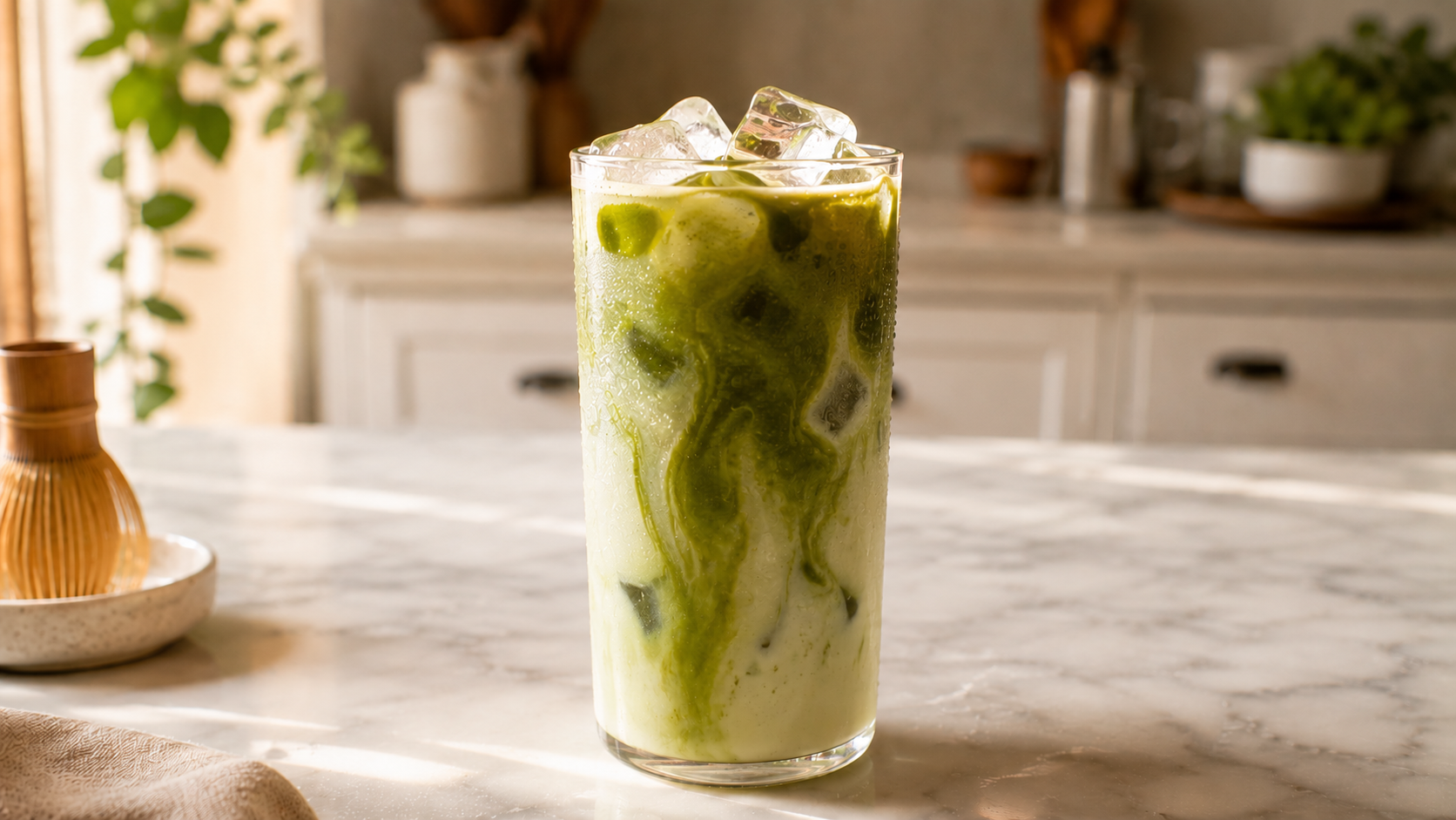Iced matcha latte in a tall clear glass — vivid green matcha layered over oat milk and ice