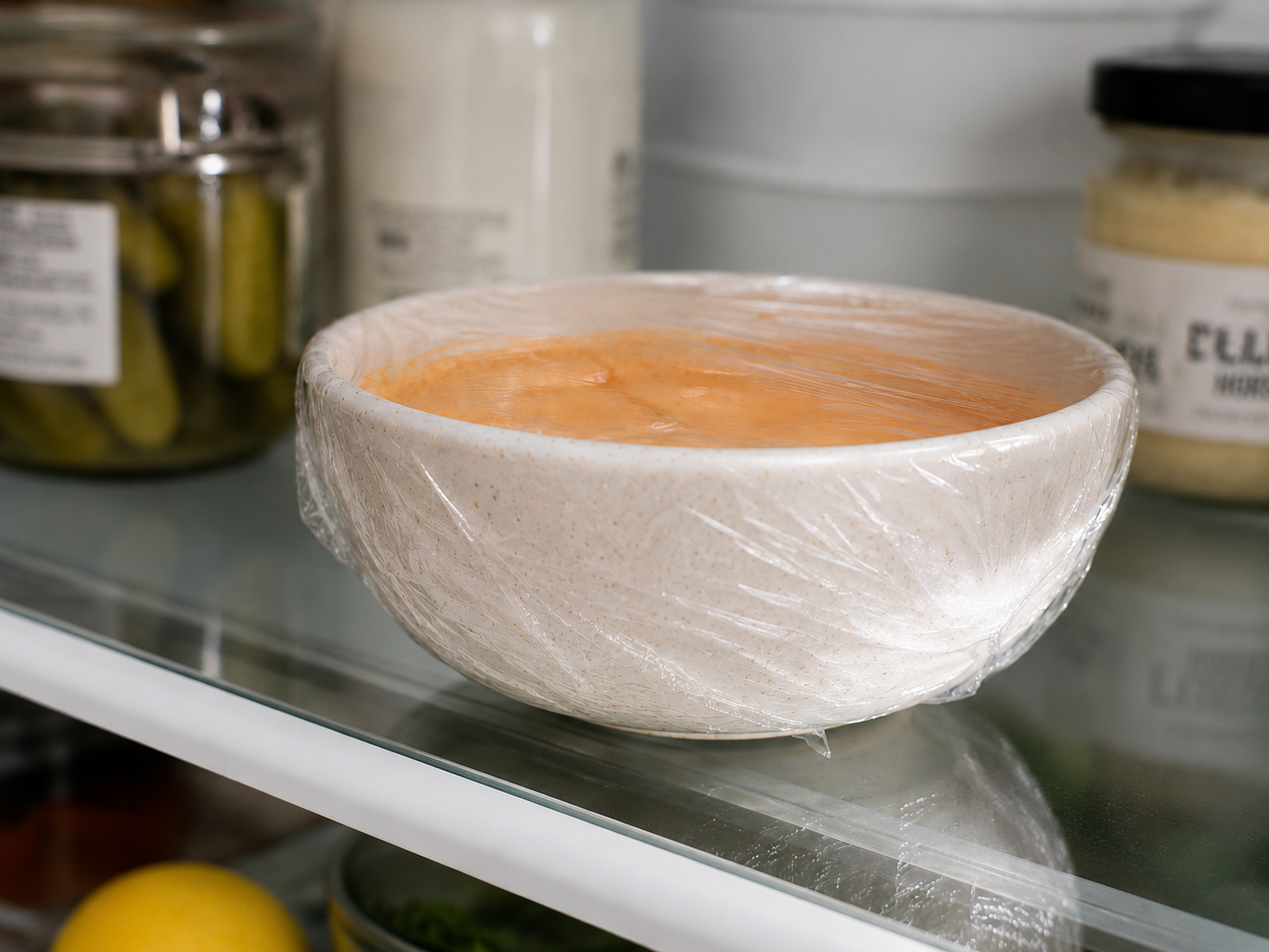 Smash burger sauce resting covered in the fridge — flavors deepening and melding