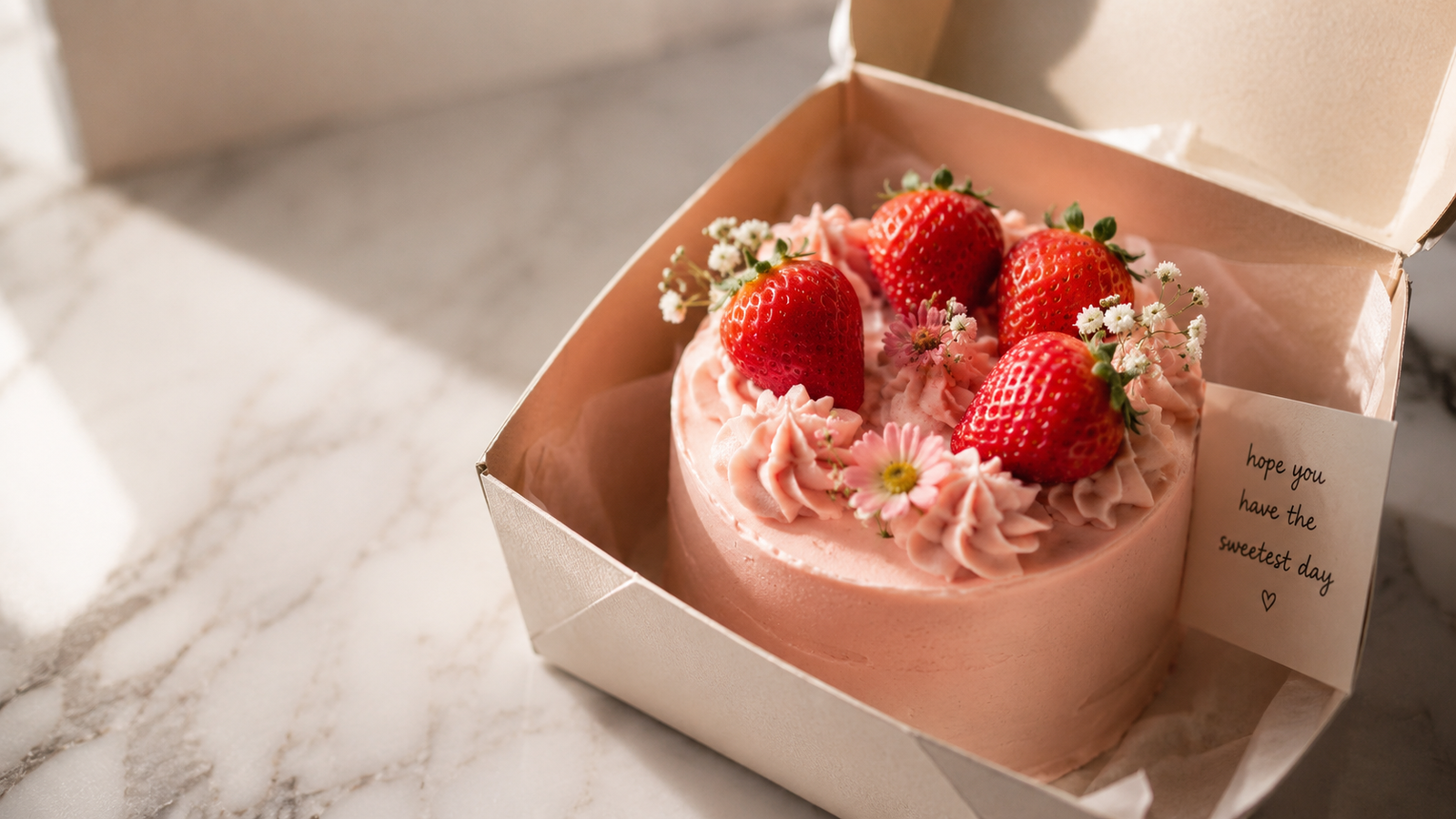 Strawberry bento cake for Mother's Day — soft pink frosted mini cake with piped rosettes, fresh strawberries and a message card in a box