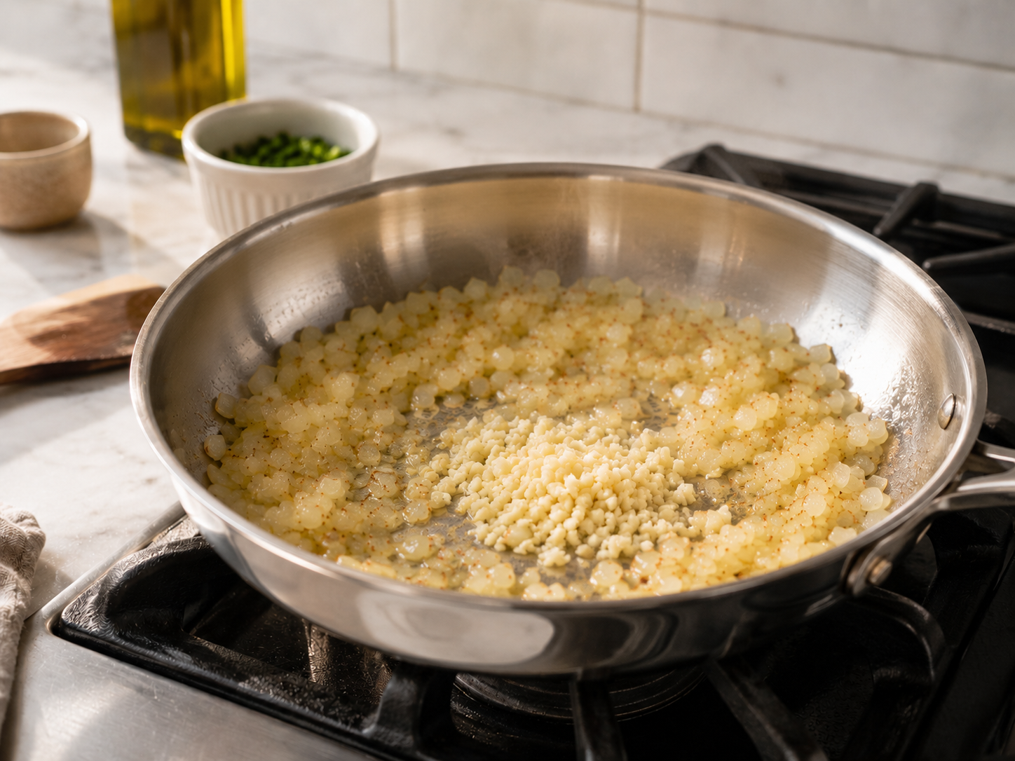 Diced onion and garlic softening in olive oil in a large skillet