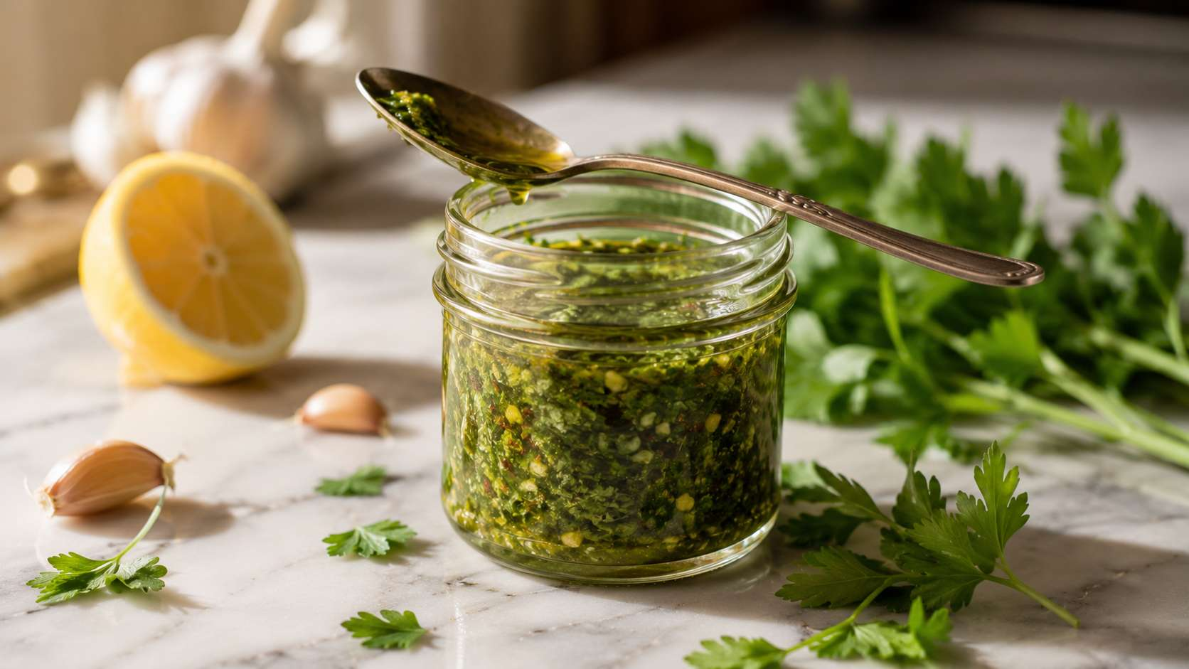 Homemade chimichurri sauce in a jar — vibrant green with flecks of parsley, garlic and red pepper