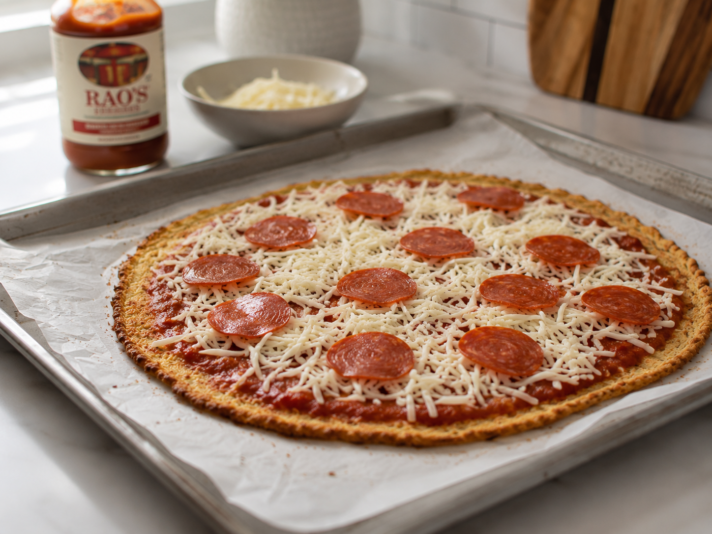 Cauliflower crust topped with marinara and mozzarella going back into the oven for the second bake