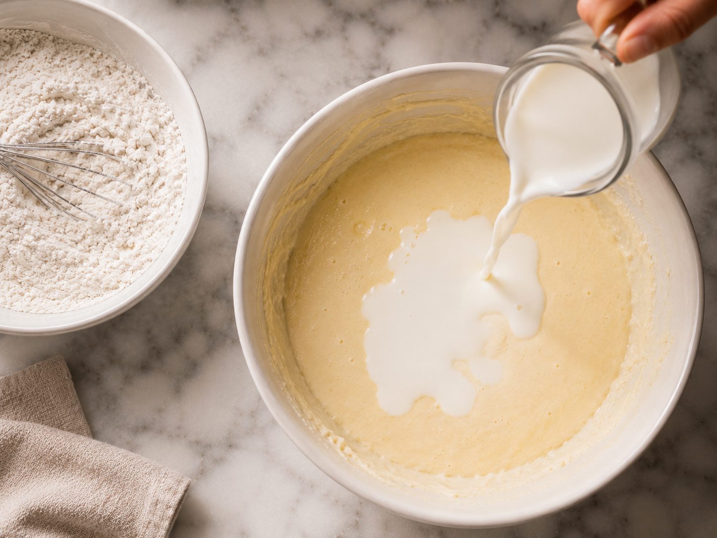 Flour mixture and milk alternated into the batter — gently folded until just combined
