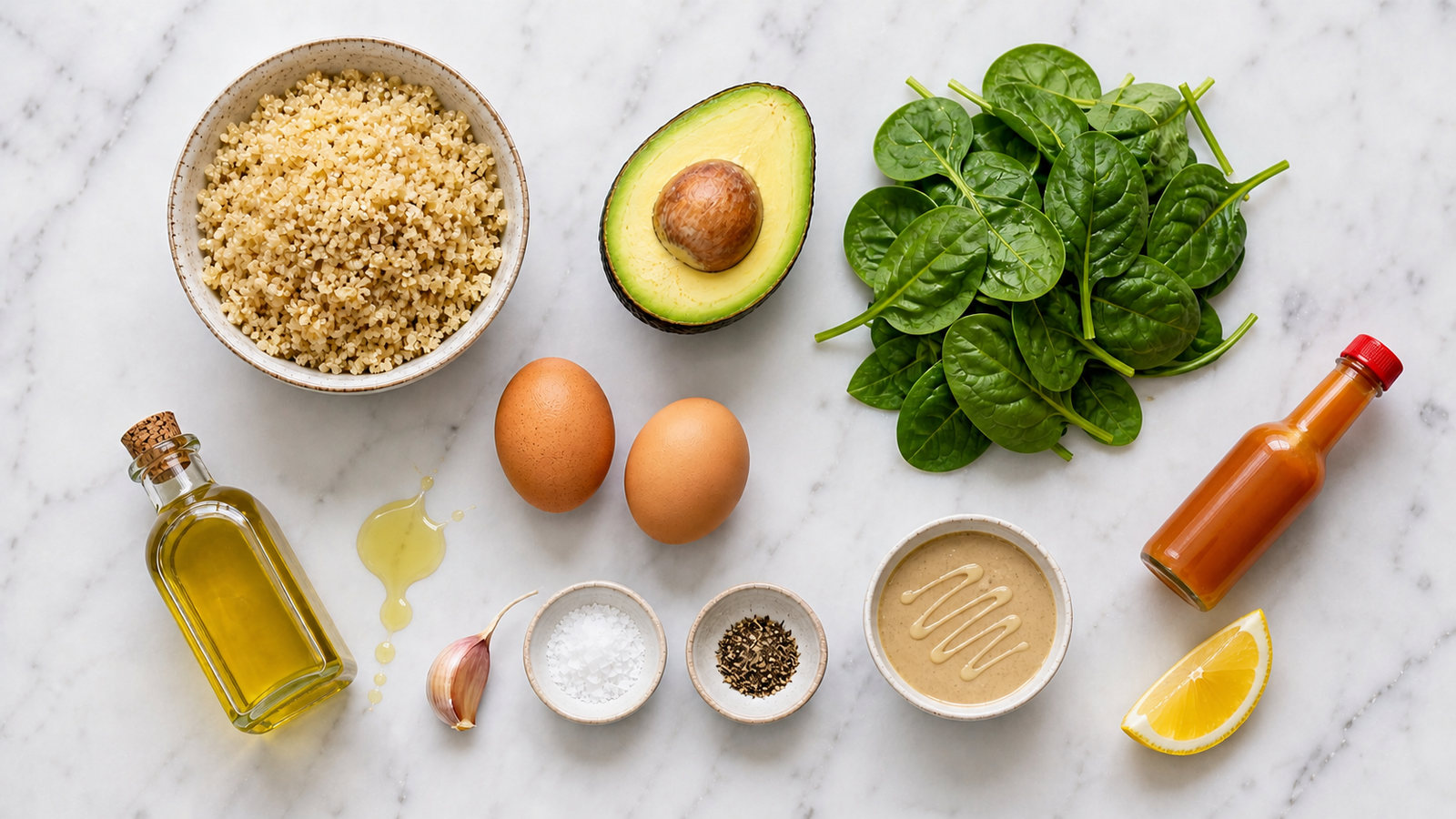 All savory breakfast bowl ingredients laid out: cooked quinoa, eggs, spinach, avocado, garlic, olive oil and drizzle options