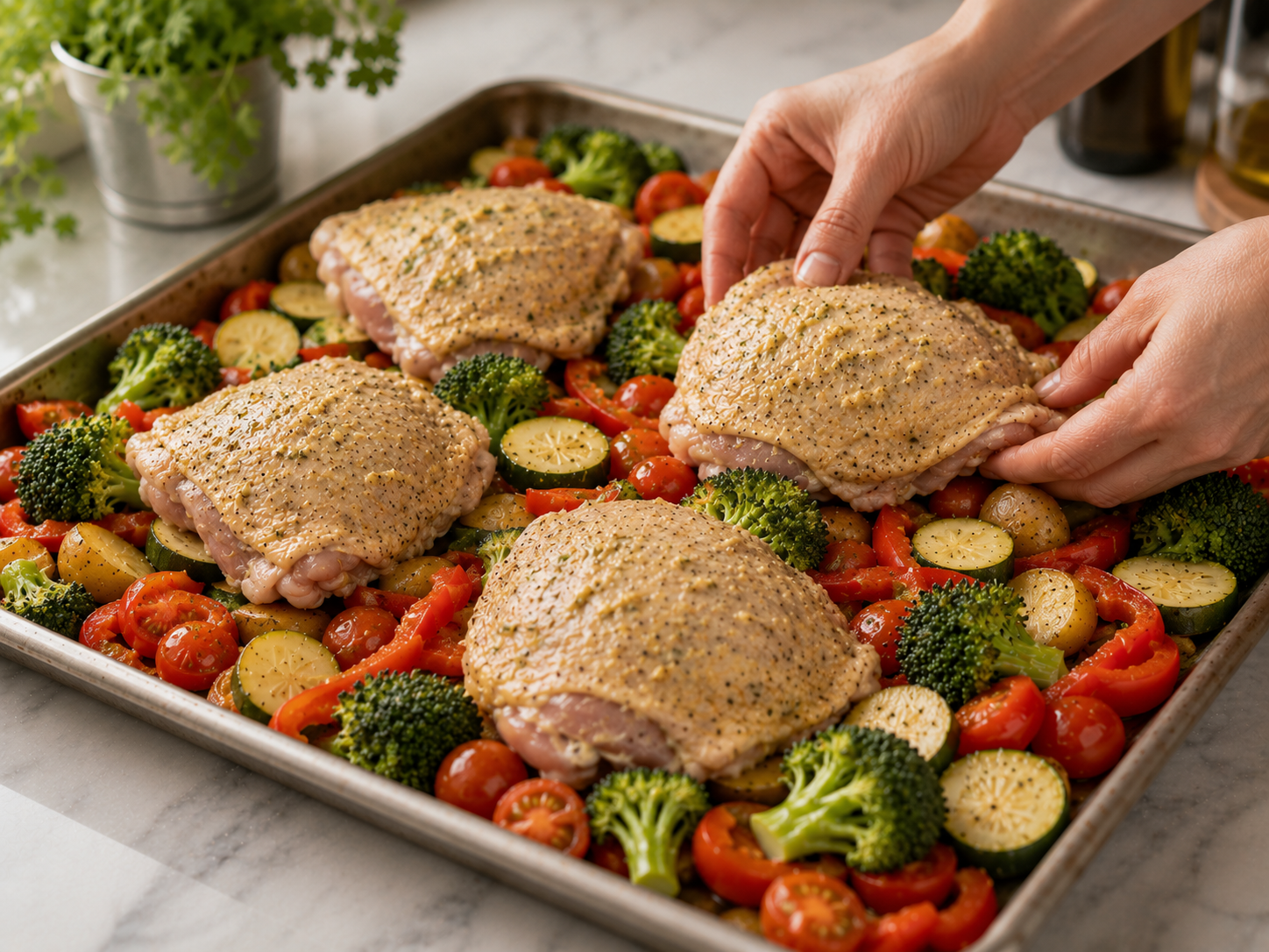 Chicken thighs nestled skin-side up on top of spread vegetables on a large sheet pan — ready to roast