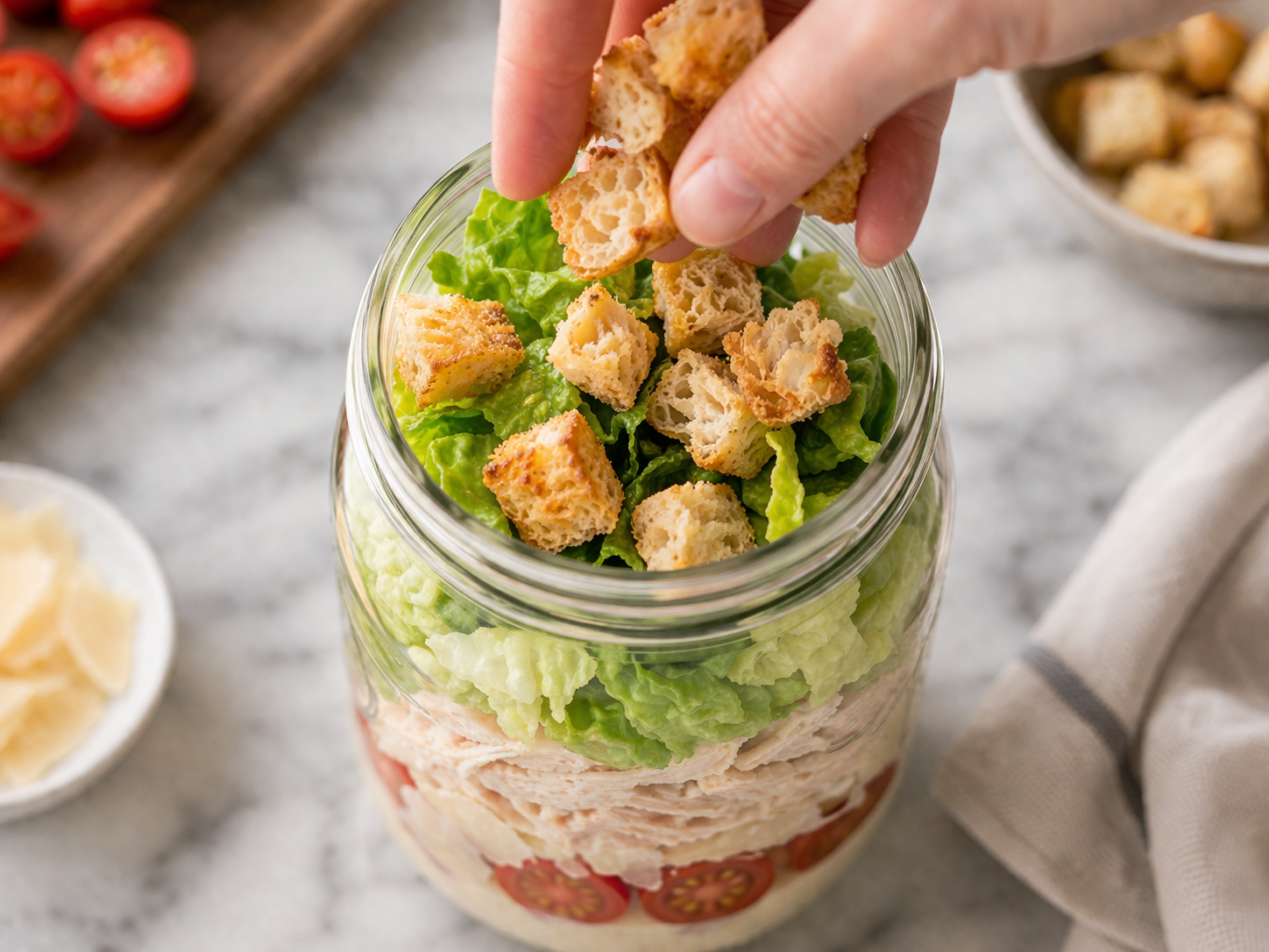 Croutons placed on top of the romaine as the very last layer — as far from the dressing as possible