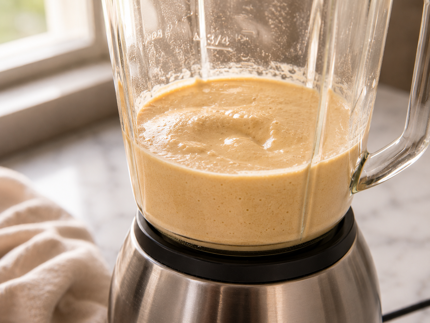 Smooth protein pancake batter blended and ready — thick and creamy in the blender