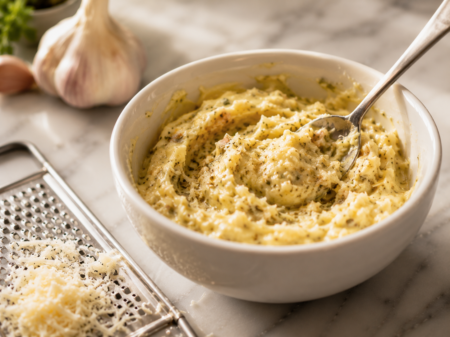 Garlic parmesan butter mixed together in a small bowl — thick, fragrant paste ready to coat the chicken