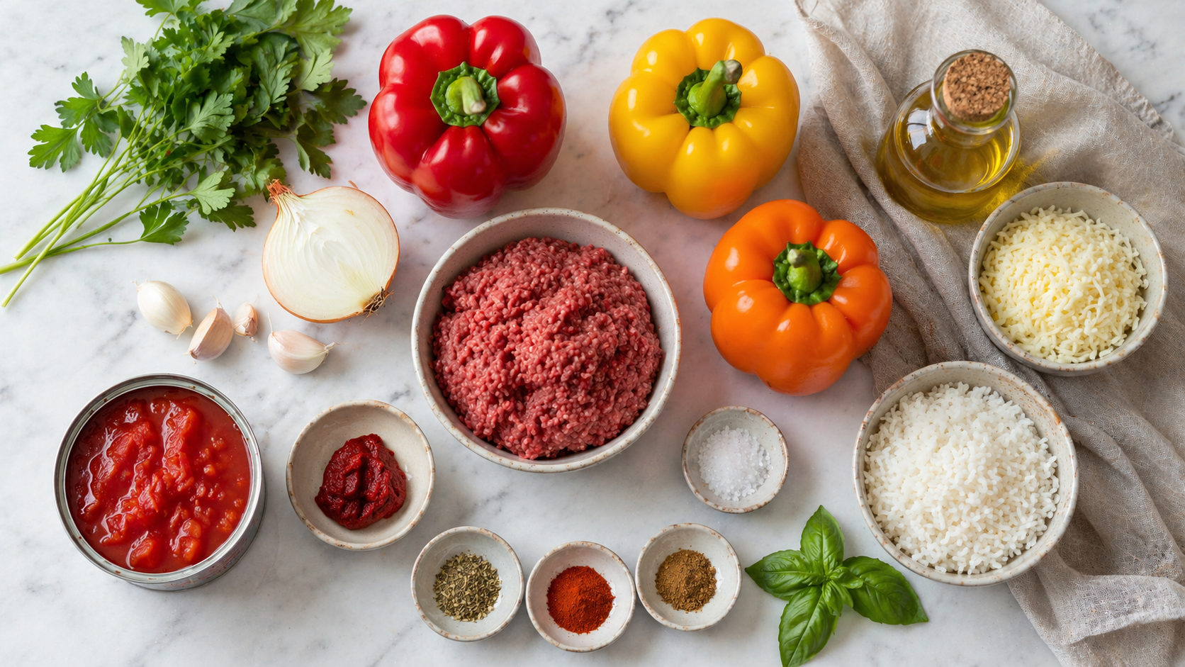 All stuffed pepper ingredients laid out — bell peppers, ground beef, rice, canned tomatoes, onion, garlic, spices and mozzarella