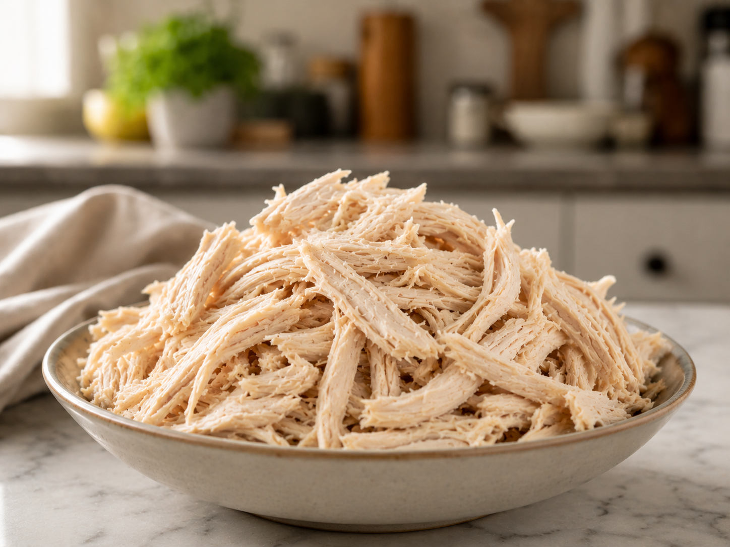 Cooked chicken breast being shredded finely with two forks