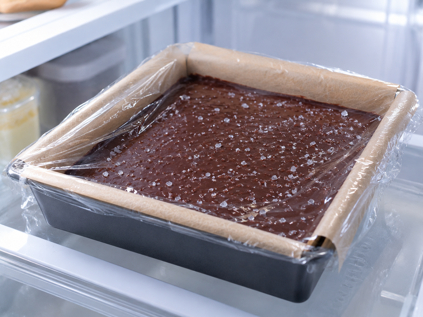 Pan of fudge in the refrigerator setting — chilling for at least 2 hours until firm