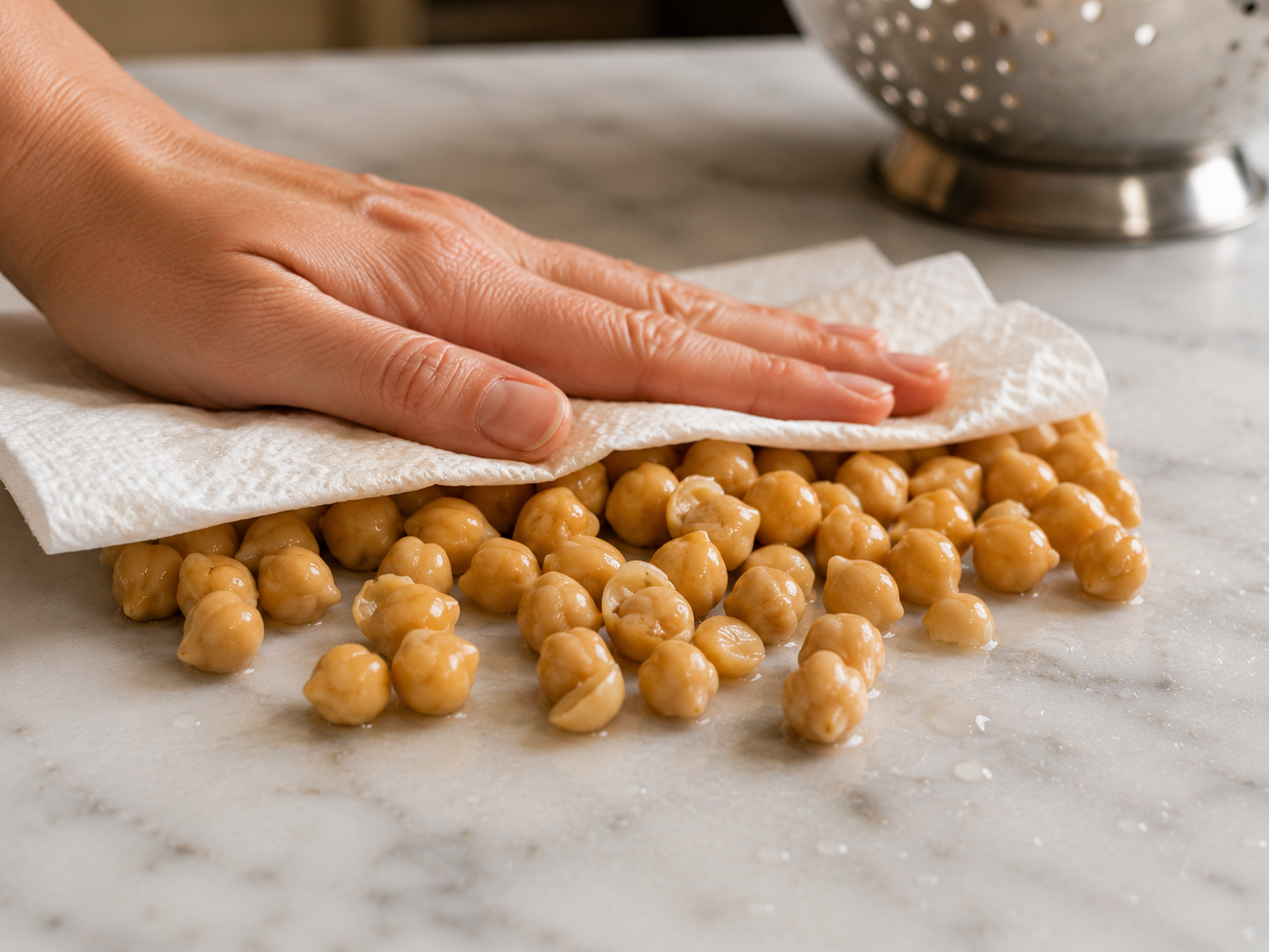 Dried and seasoned chickpeas added to the baking sheet alongside the vegetables