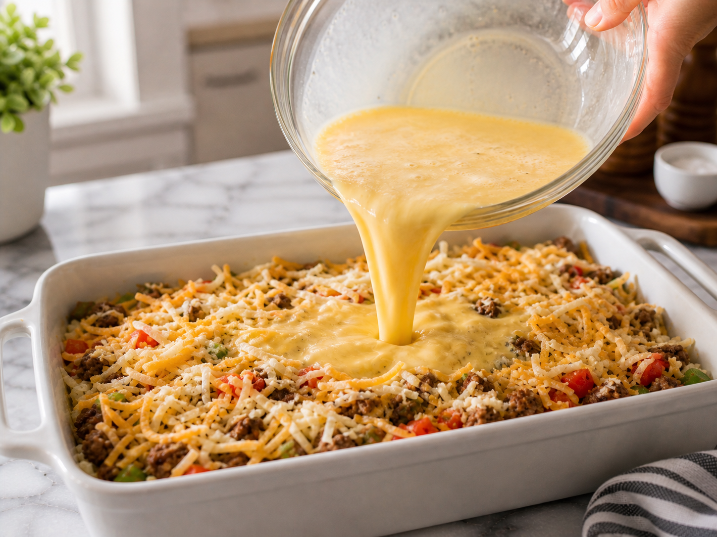 Reserved cheddar sprinkled over the top of the assembled casserole — ready to cover and refrigerate