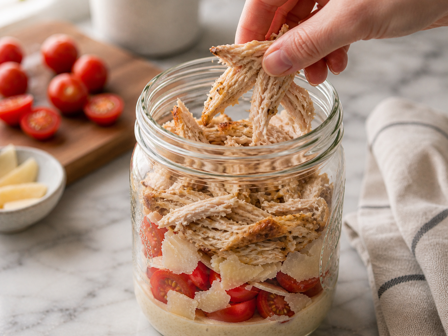 Sliced grilled chicken breast layered over the tomatoes and Parmesan in the mason jar