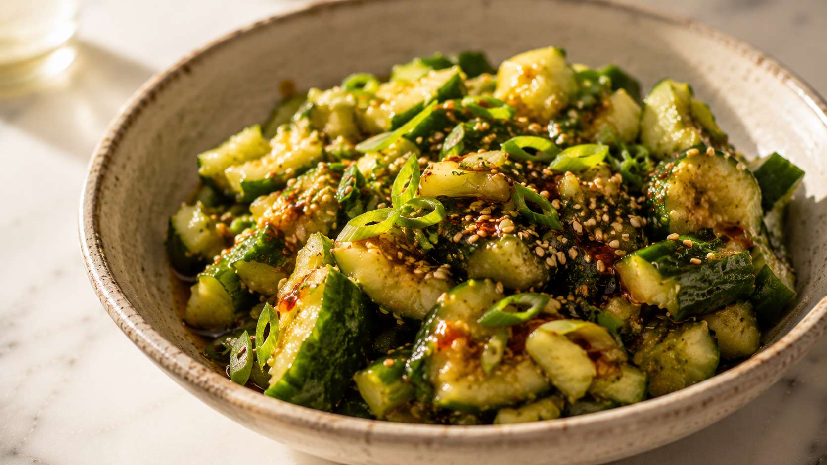 Asian smashed cucumber salad in a serving bowl — sesame seeds, green onions and chili oil on top