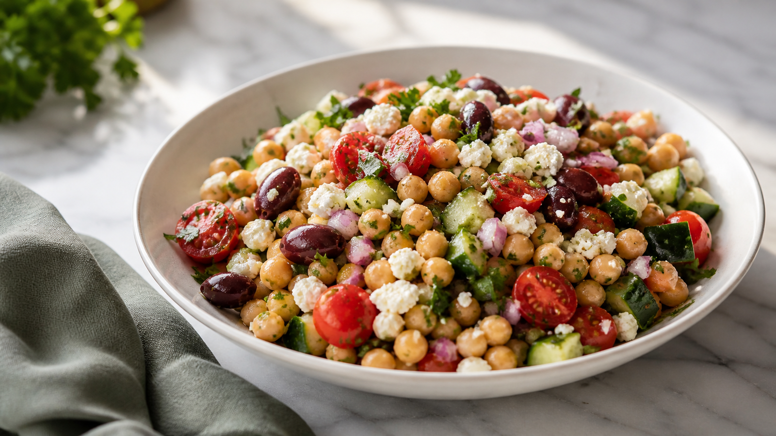 Mediterranean chickpea salad in a wide bowl — chickpeas, cherry tomatoes, cucumber, olives, feta and fresh herbs