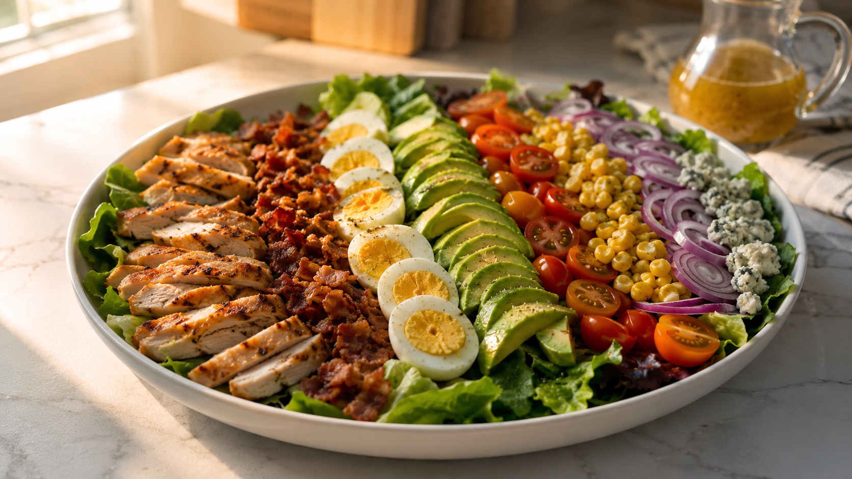 Classic cobb salad in a large bowl — rows of grilled chicken, bacon, eggs, avocado, cherry tomatoes and blue cheese