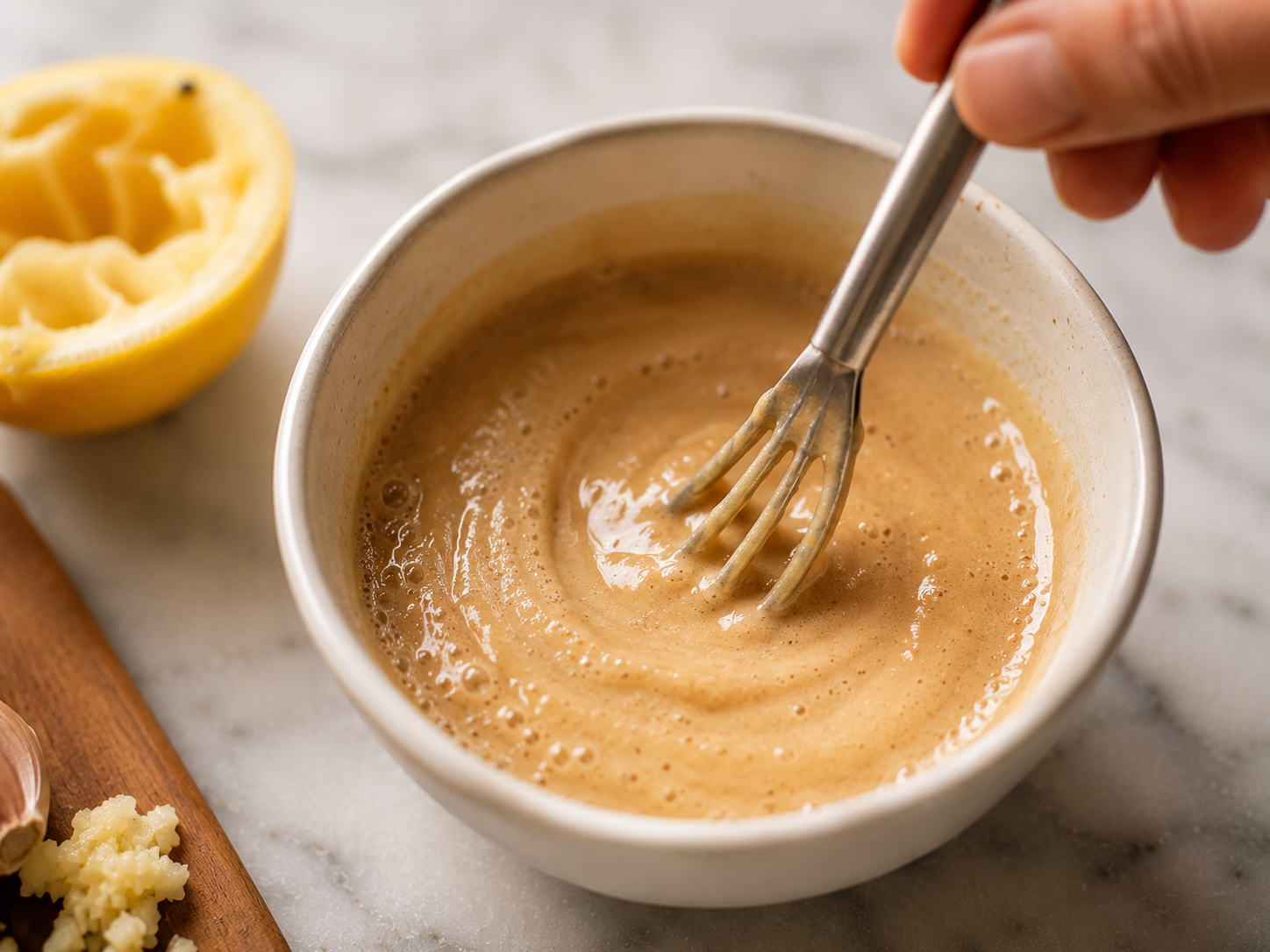 Creamy tahini dressing whisked together — thick, golden and pourable