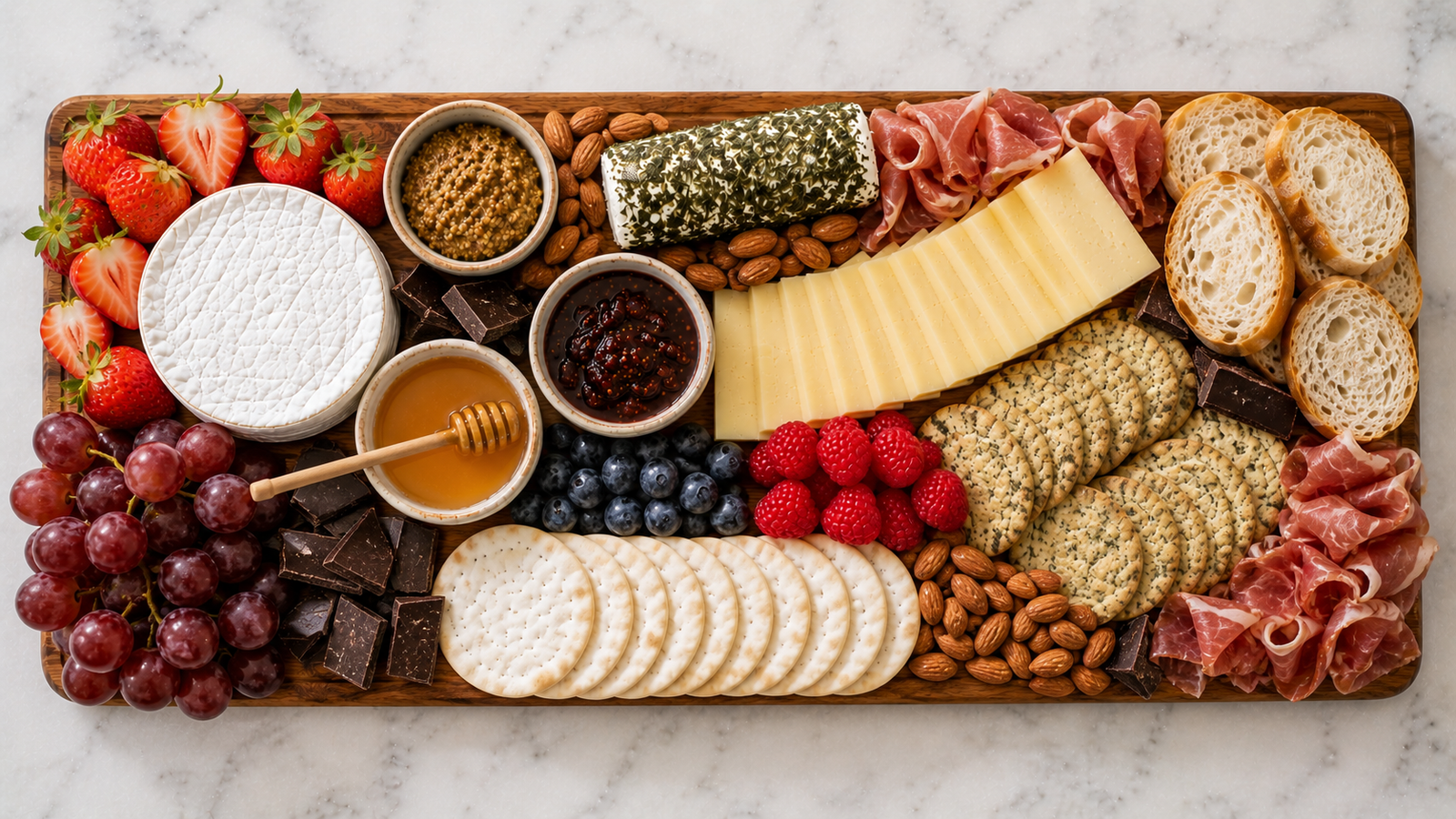 Almonds, dark chocolate pieces and folded prosciutto tucked into every remaining gap — the board now looks completely abundant
