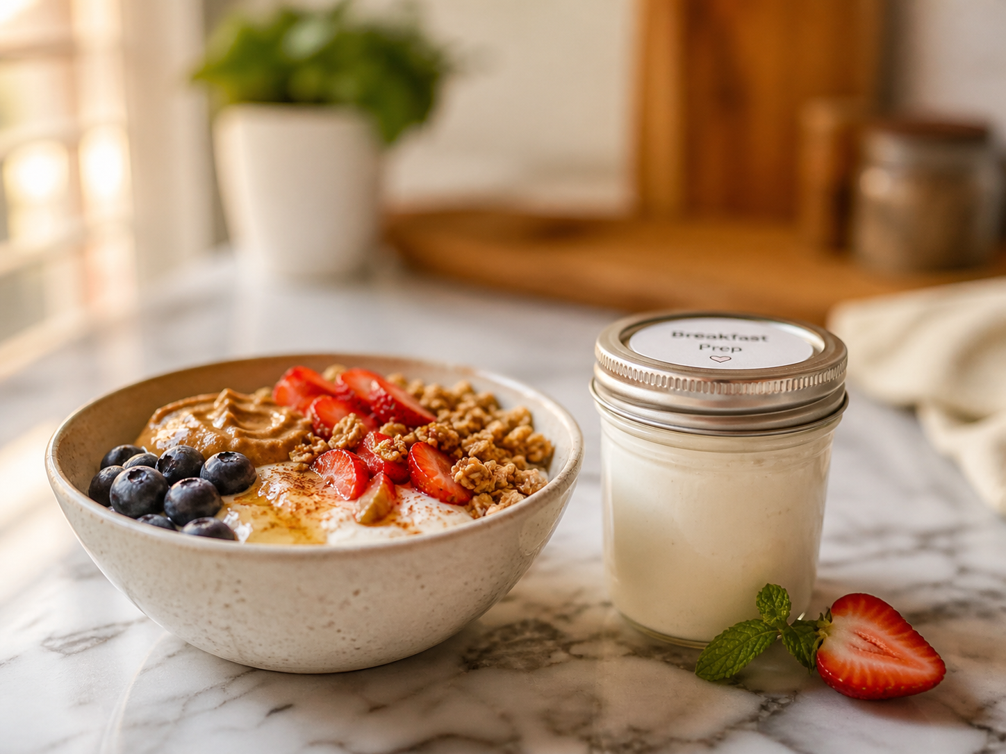 Finished Greek yogurt protein bowl — beautiful layers of fruit, granola, almond butter and honey