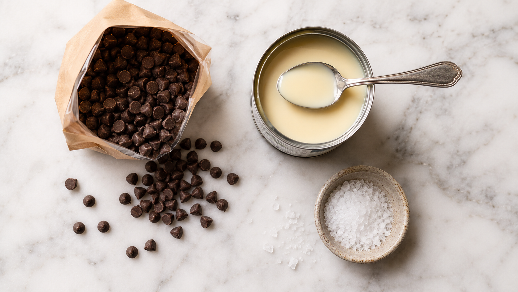 Three ingredients for easy fudge laid out — chocolate chips, a can of sweetened condensed milk and sea salt
