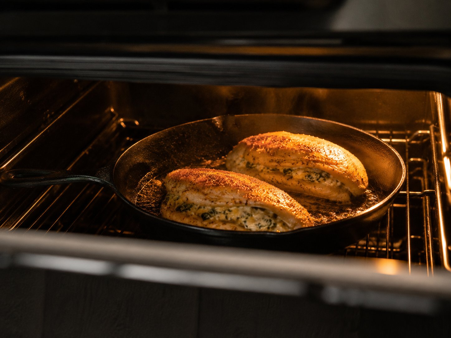 Stuffed chicken breasts transferred to the oven — baking until internal temperature reaches 165°F