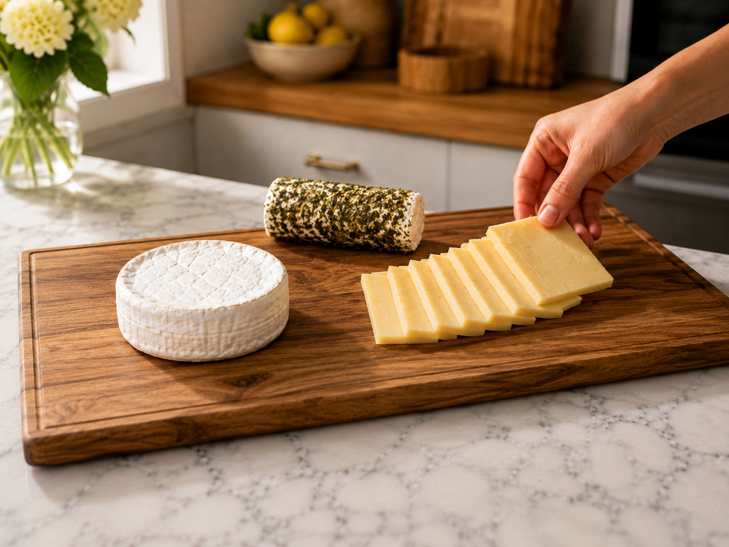 Brie, sharp cheddar and goat cheese log placed as anchors across the wooden board