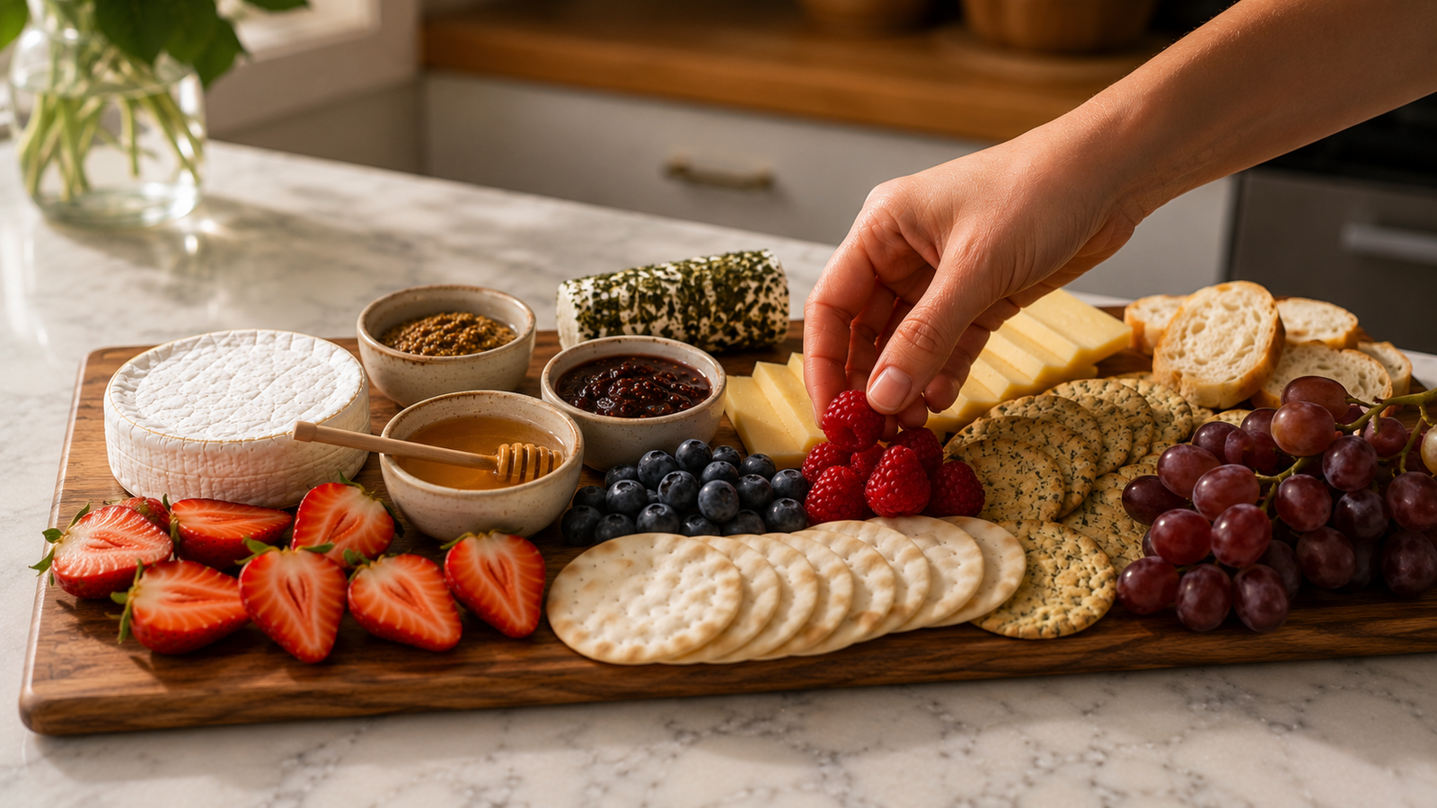 Halved strawberries clustered near the brie, grapes in the corners, raspberries and blueberries scattered through the gaps