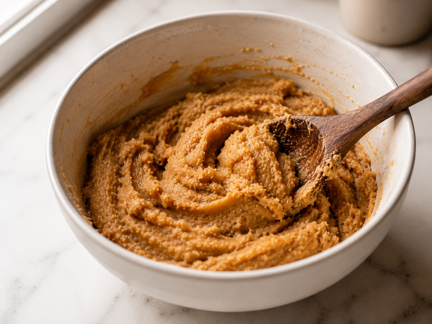 Peanut butter, sugar and egg being stirred together in a bowl into a soft sticky dough