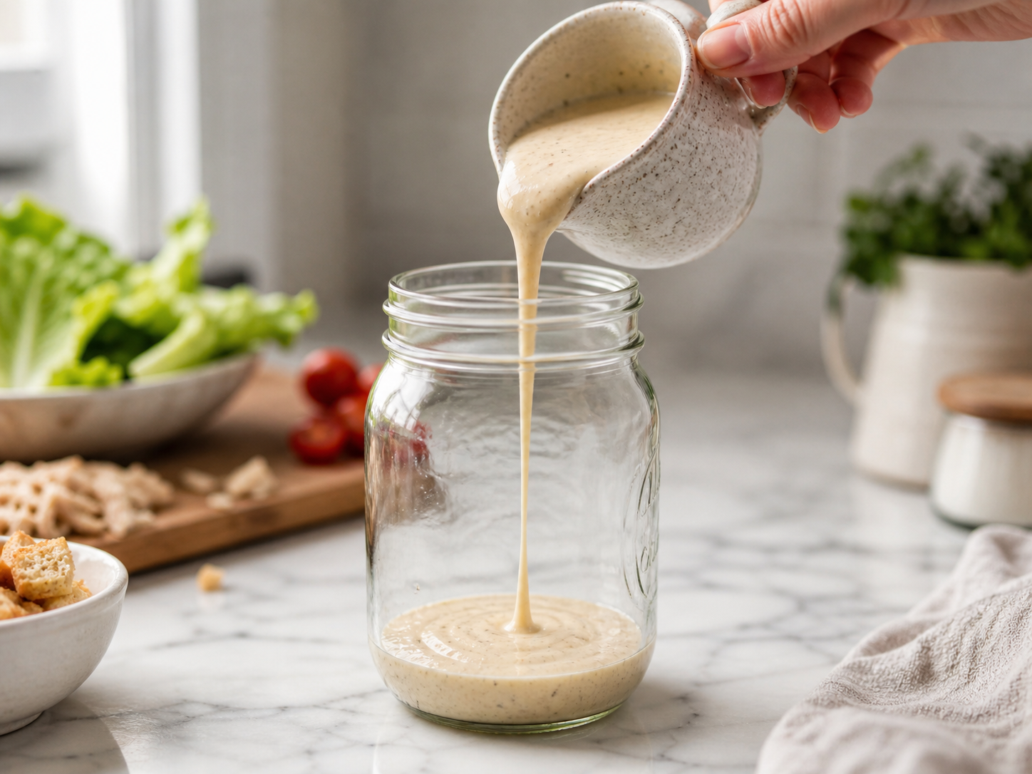 Caesar dressing poured into the very bottom of a wide-mouth mason jar — the first and most important layer