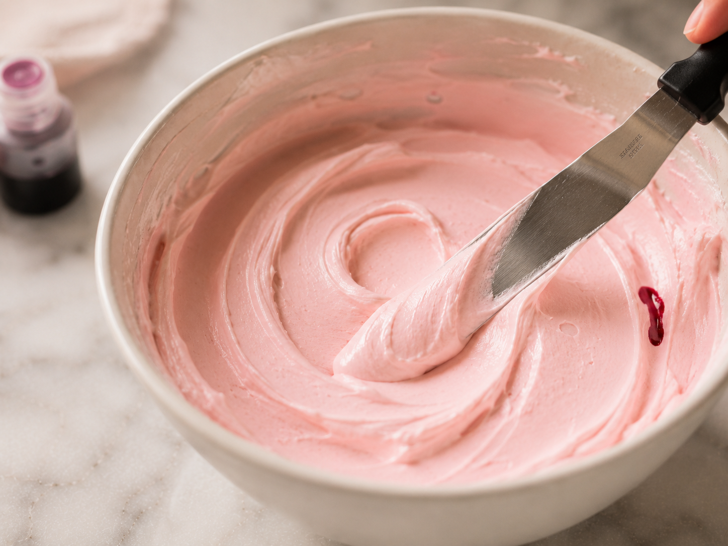 Soft pink buttercream frosting beaten until fluffy and smooth — tinted with a tiny amount of gel food coloring