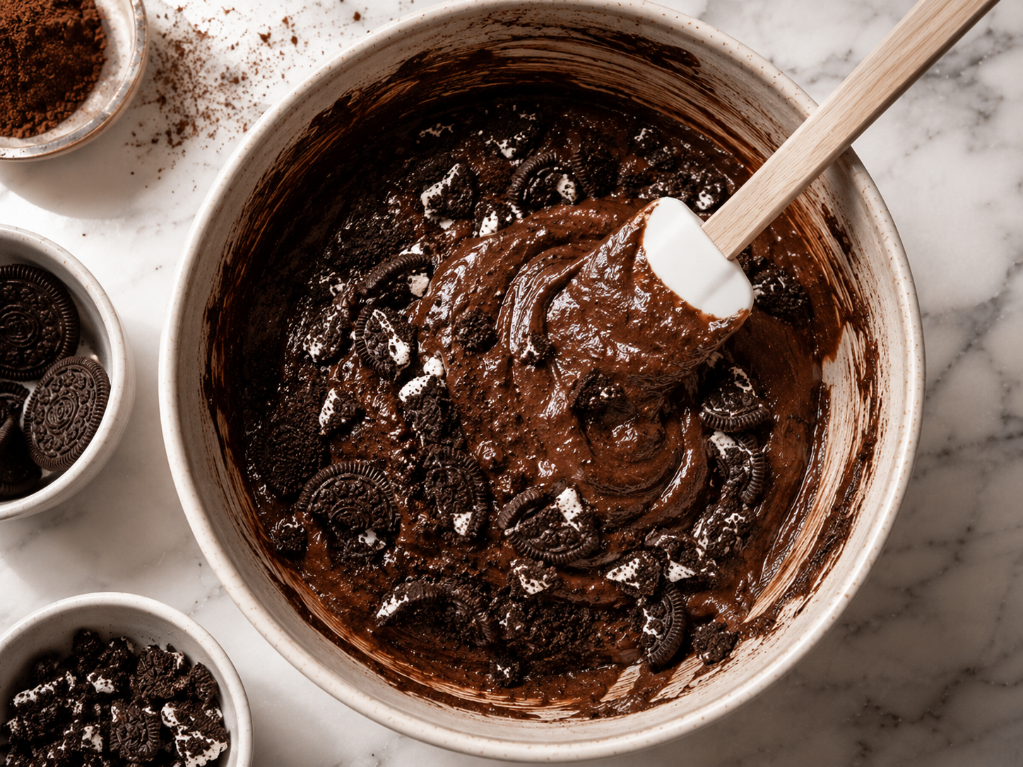 Roughly crushed Oreo pieces being folded into the chocolate cake batter with a spatula