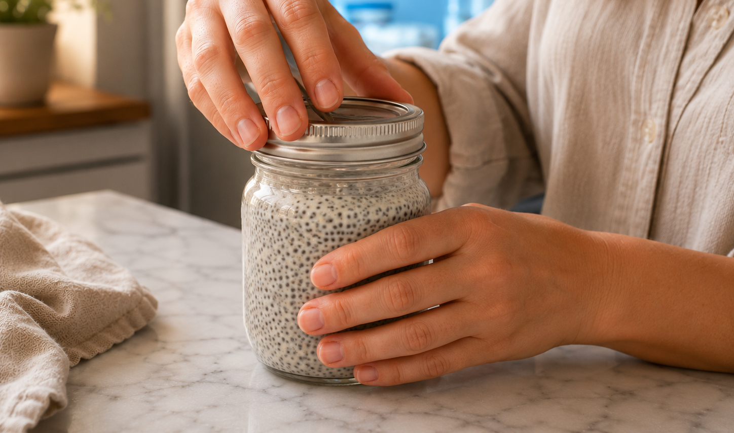 Chia pudding covered and placed in the fridge to set overnight