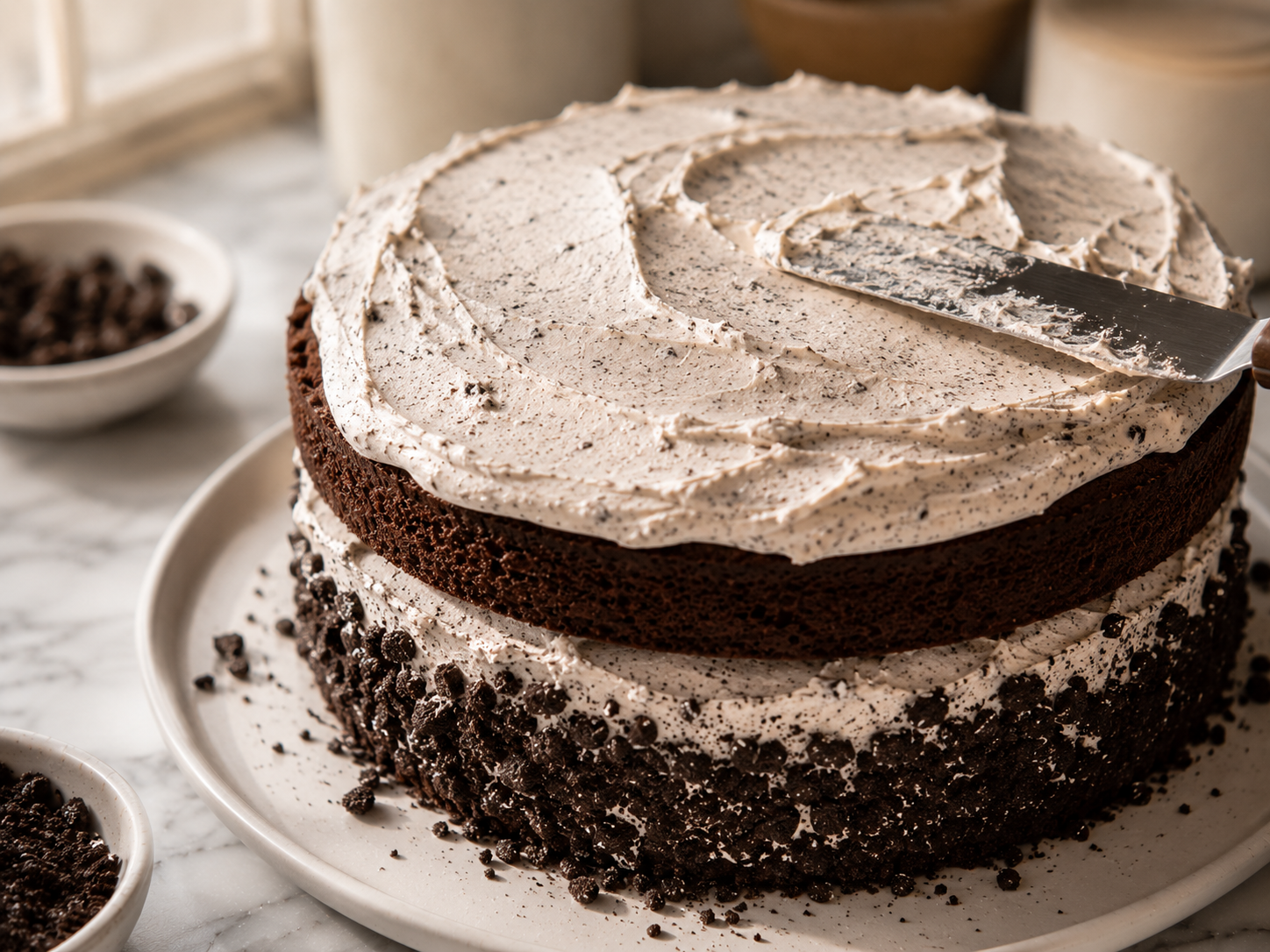 Oreo cake being assembled and frosted — generous cookies and cream frosting between layers and on the outside